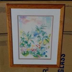 TROPICAL PALM TREE WATERCOLOR PRINT WITH NATURAL MAPLE FRAME AND TWO MATS